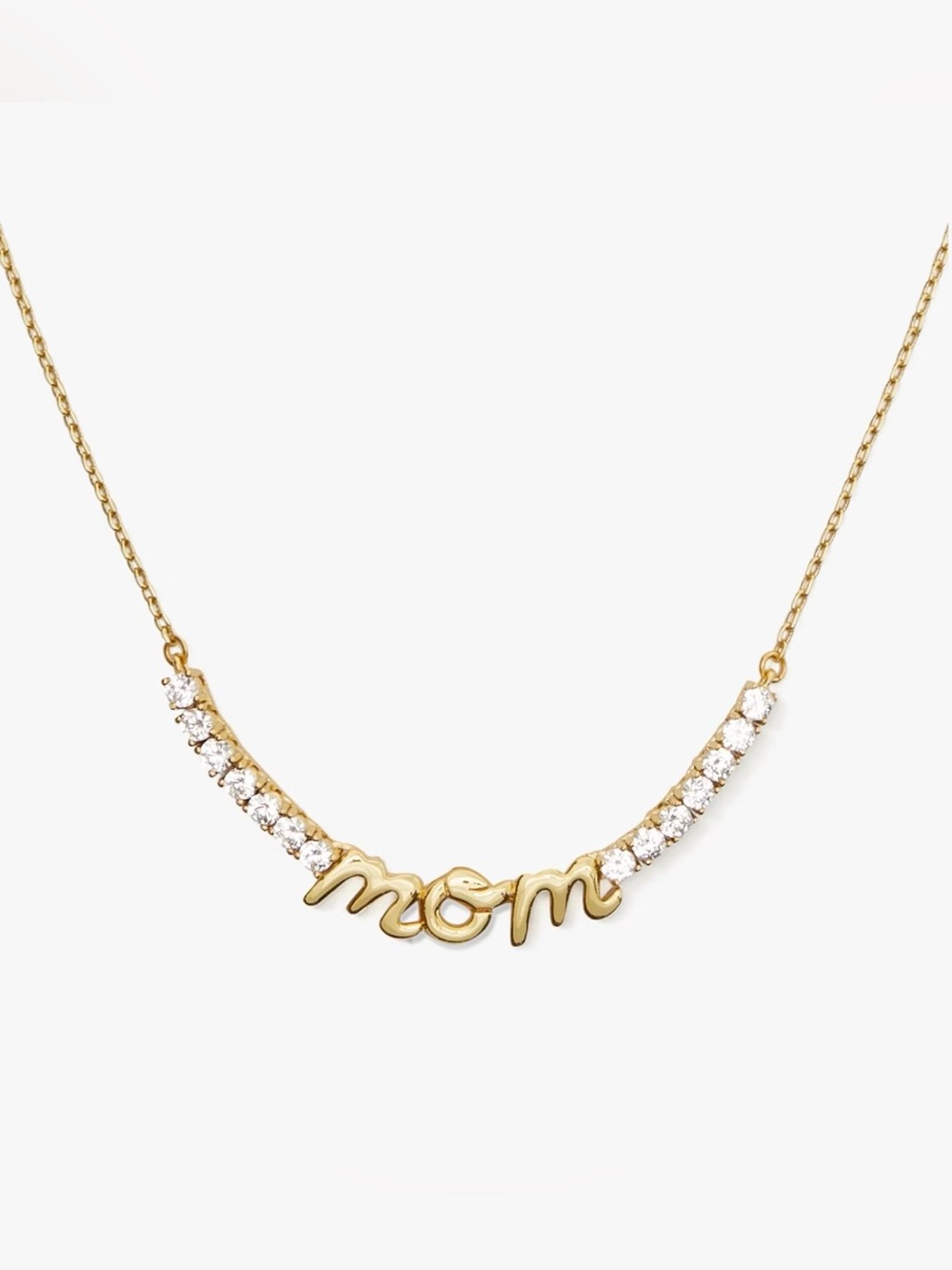 Kate Spade gold-tone necklace with a 'Mom' script pendant.